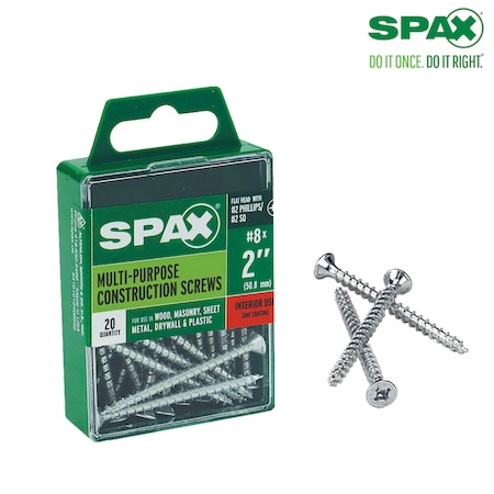 Spax Sheet Metal Screw, #8 x 2 in, Zinc Plated Steel Flat Head Square Drive 4101010400502